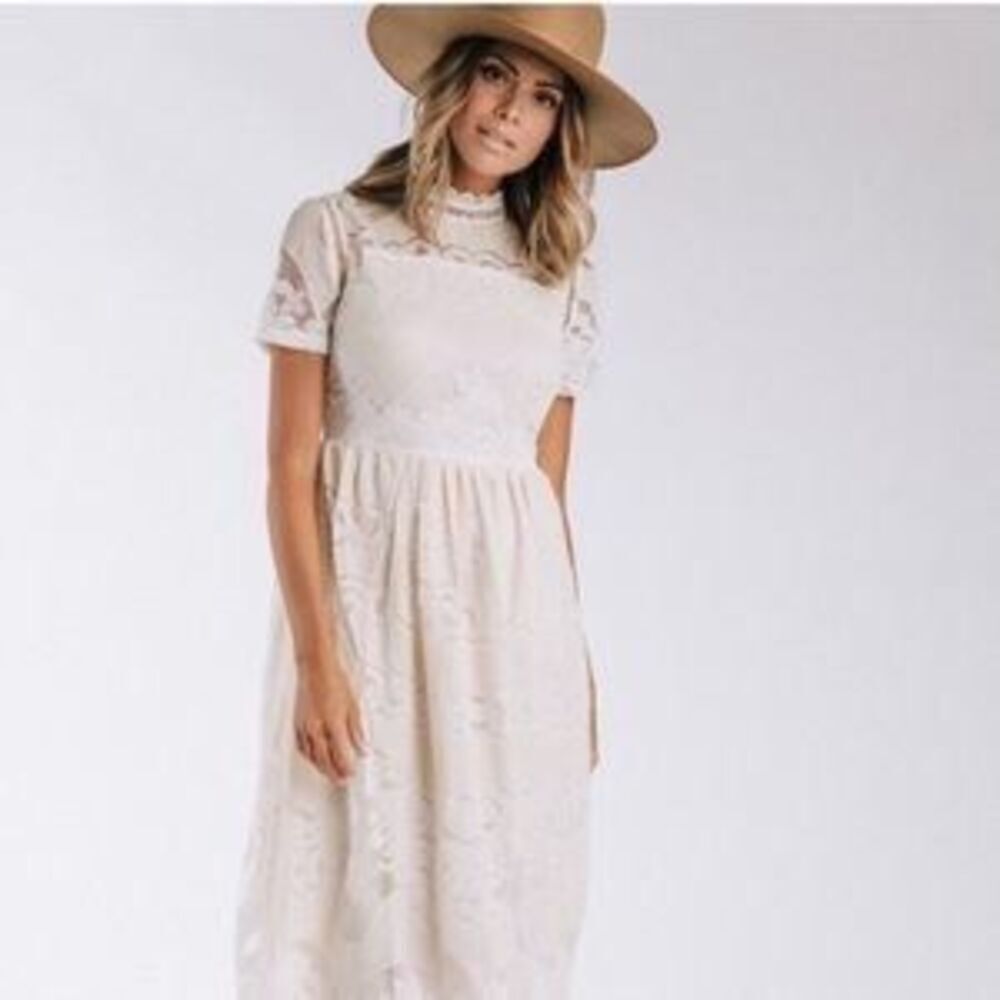All:Row Ivory Lace Midi Dress – High Neck, Lined, Elegant Vintage Style